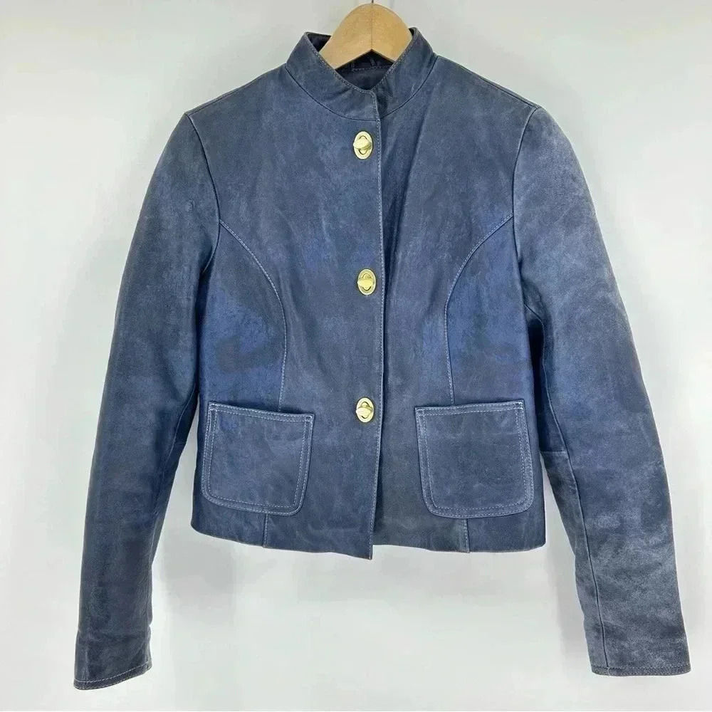 Vintage Wilson’s Leather Blue leather moto jacket with gold closures